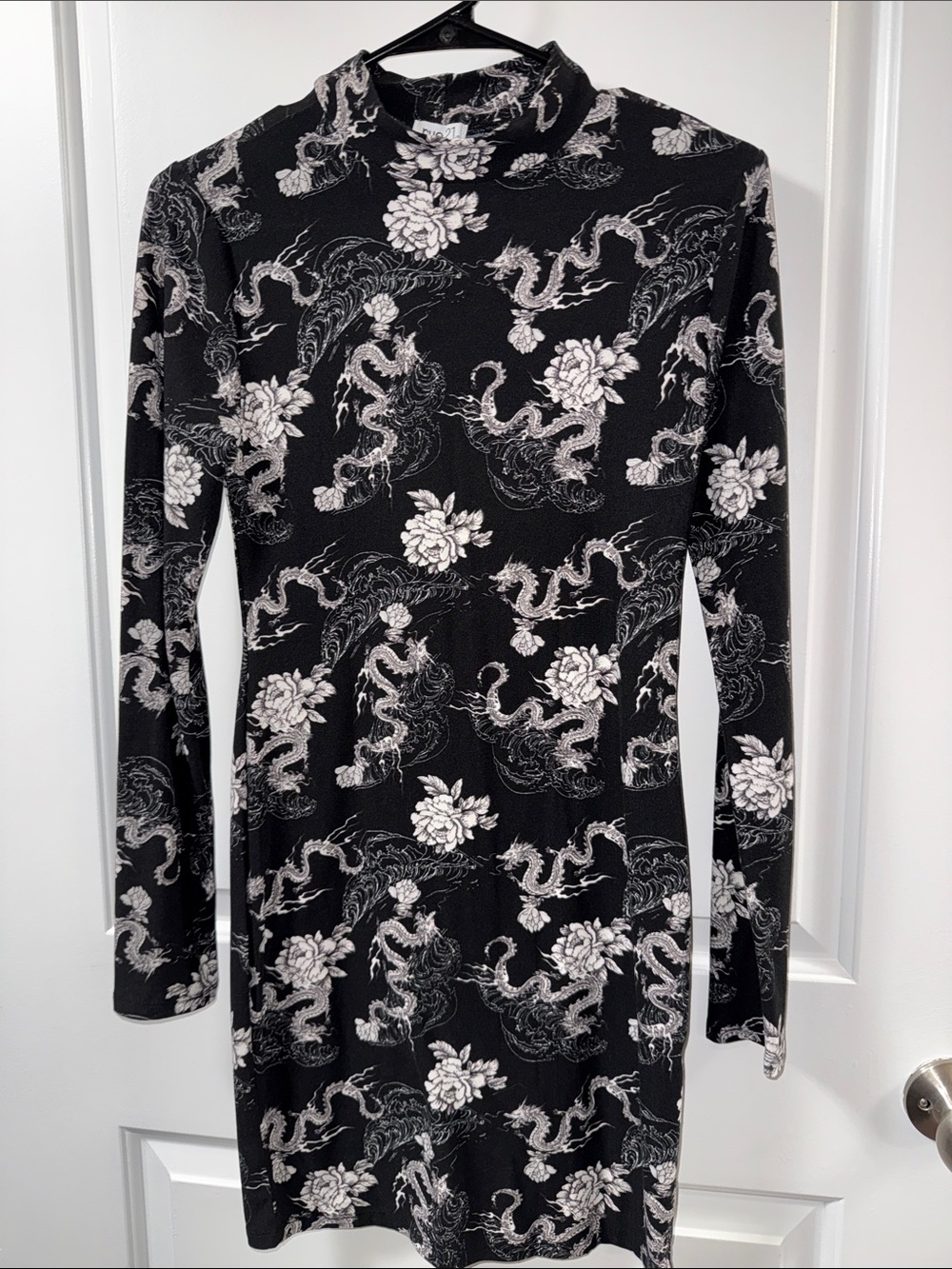 Black Floral/Dragon Turtleneck Long-Sleeve Dress